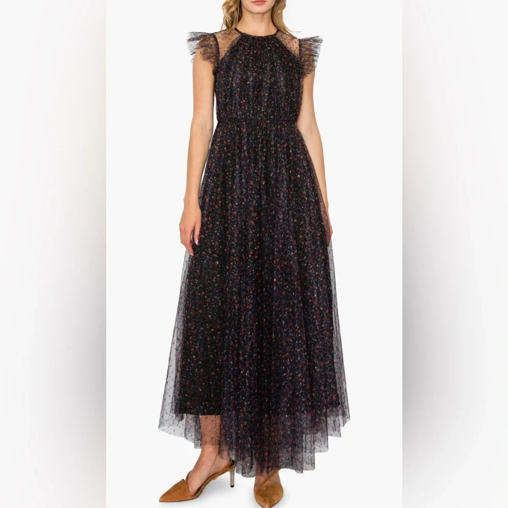 MELLODAY Flutter Sleeve Mesh Maxi Dress In Black Dot Floral New - Picture 1 of 13